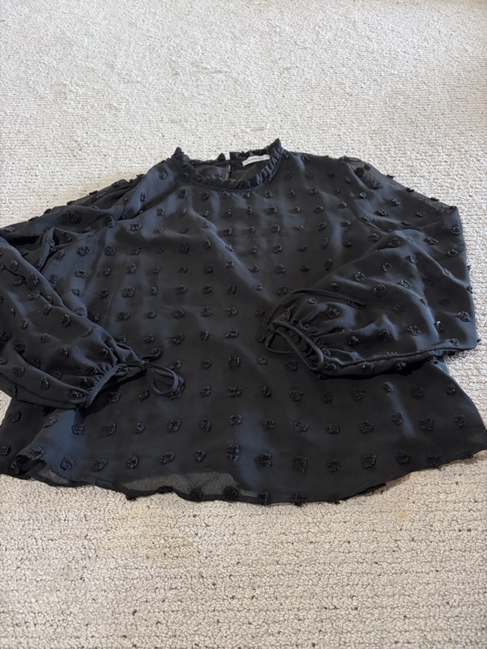 Semi-Sheer Black Dotted Ruffle-Neck Blouse